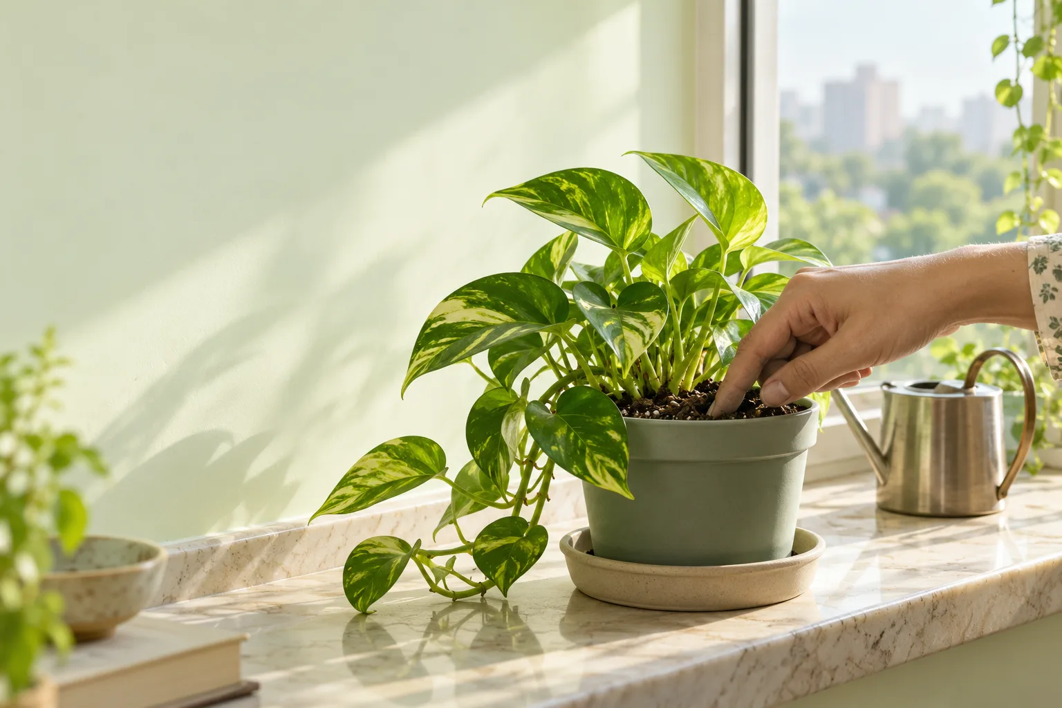 A hand checking potting mix beside a pothos on a windowsill.